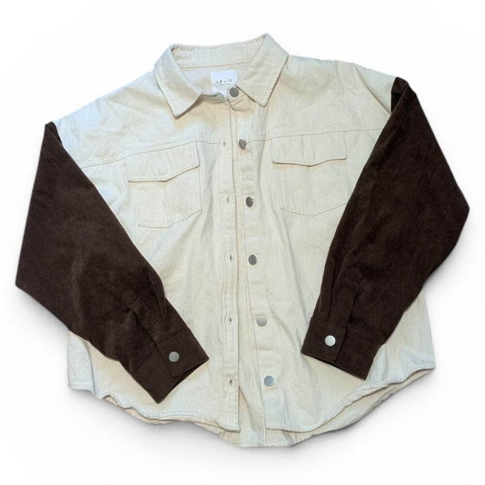 Lelis Collection Cream Button Up Jacket With Pockets And Brown Corduroy Sleeves